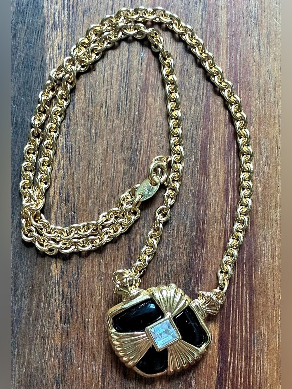 Avon Black & Gold Statement Pendant Necklace Glass Rhinestone Lock